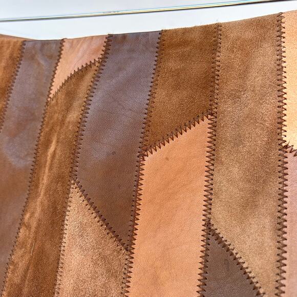 Frame Patchwork Mini Skirt Saddle Suede Leather Brown Tan Shirt Size 29 - Picture 8 of 12